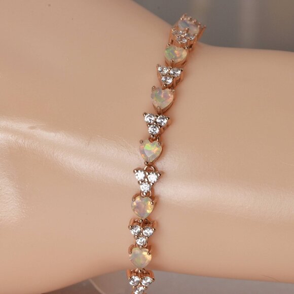 Natural Opal 925 Natural Opal Tennis Bracelet Silver Rose Gold 7" - Picture 1 of 4